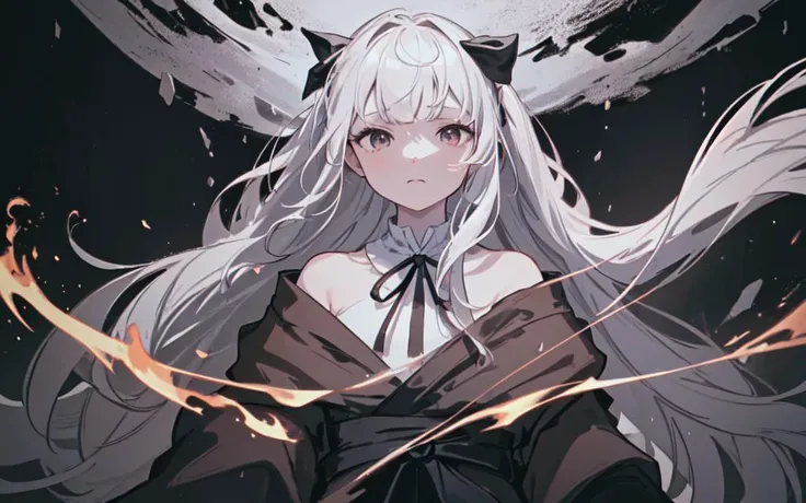 (best quality, masterpiece), (1girl, solo,brown robe, expression face, looking away, sitting, wide sleeves, black eyes, closed mouth, ribbon shape fire on head, long hair, cowboy shot), (Monochrome, night sky at cave entrance , light rising from the bottom, inside Cave, floating glowing bunch of white particles, burning fire at hand, floating many small fires),