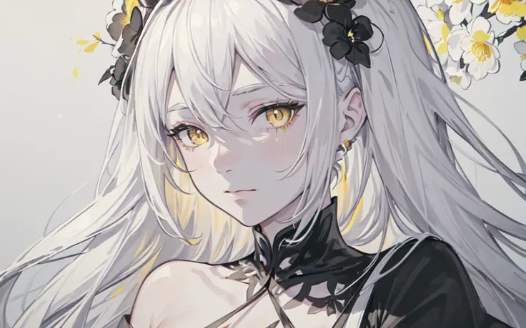 (best quality, masterpiece), (1girl, solo, black suit, standing , looking at viewer, white hair, yellow eyes, closed mouth, upper body), (Monochrome, giant black bouquet background, floral_background)