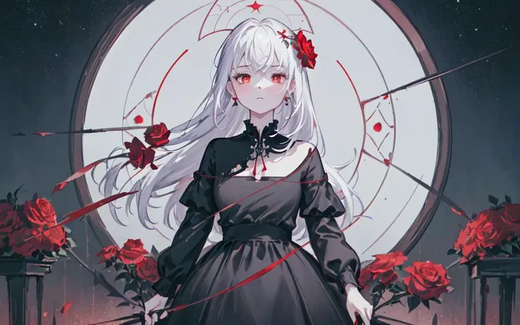 (best quality, masterpiece), (1girl, solo, black dress, standing , looking at viewer, white hair, red eyes, holding rose, upper body), (red dreamcatcher behind, red flower, ,starlight sky )