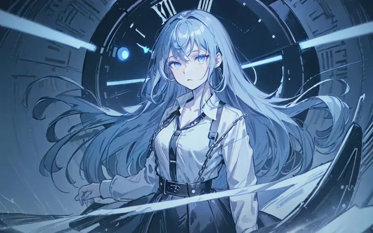 (best quality, masterpiece), (1girl, solo, dress shirt, jacket, expression face, standing, looking at viewer, blue eyes, long hair, upper body), (Monochrome, black room, glowing blue electromagnetic wave clock behind, blowing wind, glowing red chain ring behind,cogwheels, clockwork),
