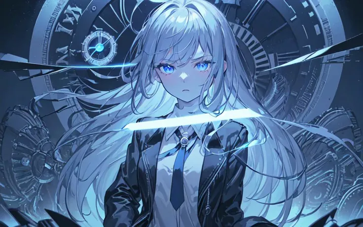 (best quality, masterpiece), (1girl, solo, dress shirt, jacket, expression face, standing, looking at viewer, blue eyes, long hair, upper body), (Monochrome, black room, glowing blue electromagnetic wave clock behind, blowing wind, glowing red chain ring behind,cogwheels, clockwork),