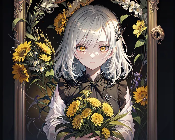 (best quality, masterpiece), (1girl, solo, black suit, standing , looking at viewer, white hair, yellow eyes, closed mouth, upper body), (giant black bouquet background, floral_background)