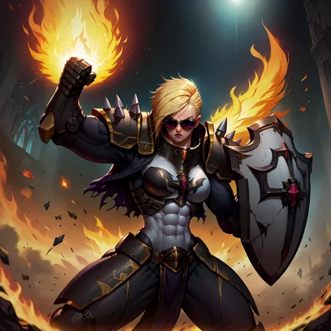 score_9,score_8_up,score_7_up,masterpiece,volumetric lighting BREAK 1girl,crsadr,toned,long blonde hair,side cut,braid,fighting stance,sunglasses,mecha armor,breastplate,shoulder spikes,spiked gauntlets,flaming fist,holding weapon,shield,huge arms,biceps,abs,gothic church,<lora:CrusaderPonyLora:0.8>,