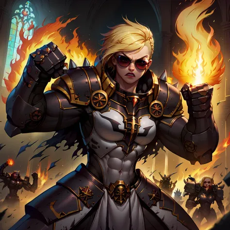 score_9,score_8_up,score_7_up,masterpiece,volumetric lighting BREAK 1girl,crsadr,toned,long blonde hair,side cut,braid,fighting stance,sunglasses,mecha armor,full armor,(breastplate:1.2),shoulder spikes,spiked power gauntlets,flaming fist,holding weapon,shield,huge arms,biceps,abs,gothic church,<lora:CrusaderPonyLora:0.8>,