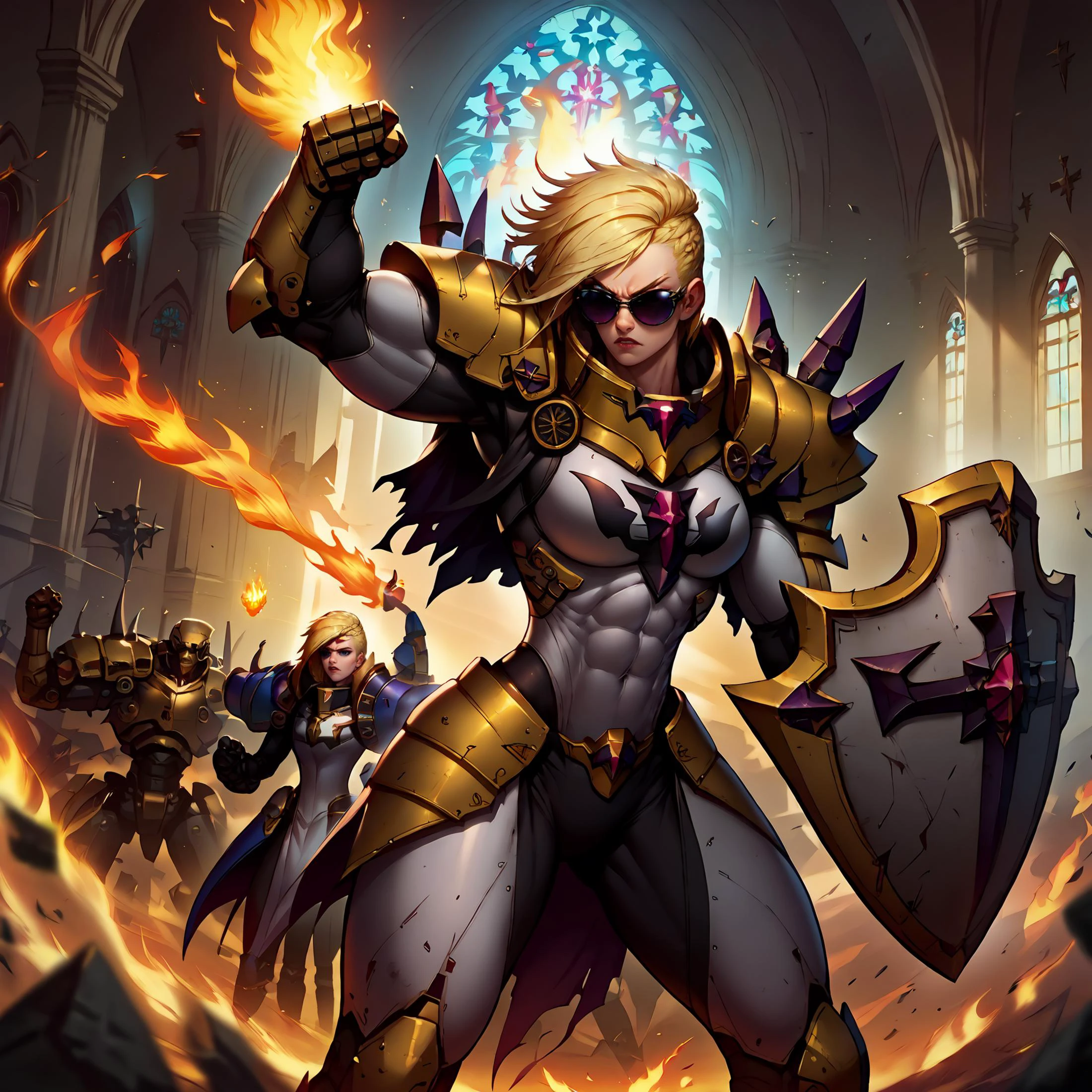 score_9,score_8_up,score_7_up,masterpiece,volumetric lighting BREAK 1girl,crsadr,toned,long blonde hair,side cut,braid,fighting stance,sunglasses,mecha armor,full armor,(breastplate:1.2),shoulder spikes,spiked power gauntlets,flaming fist,holding weapon,shield,huge arms,biceps,abs,gothic church,<lora:CrusaderPonyLora:0.8>,