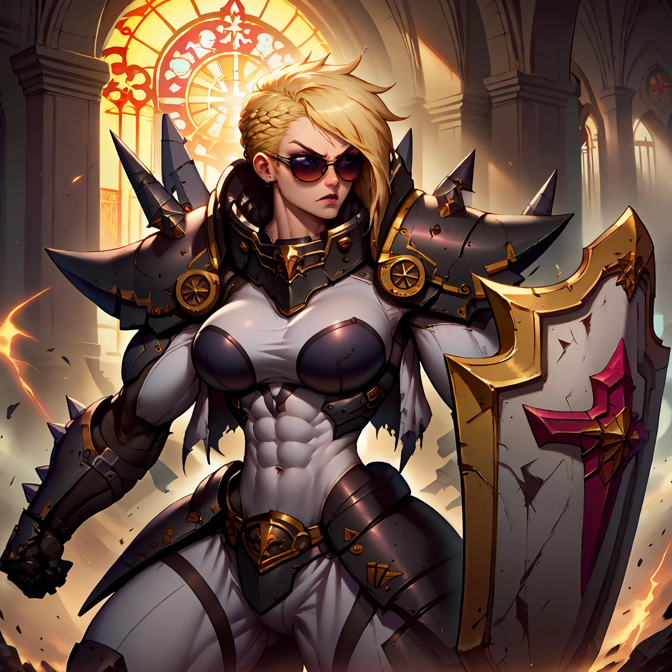 score_9,score_8_up,score_7_up,masterpiece,volumetric lighting BREAK 1girl,crsadr,toned,long blonde hair,side cut,braid,fighting stance,sunglasses,mecha armor,shoulder spikes,spiked gauntlets,holding weapon,shield,huge arms,biceps,big breasts,abs,gothic church,<lora:CrusaderPonyLora:0.8>,