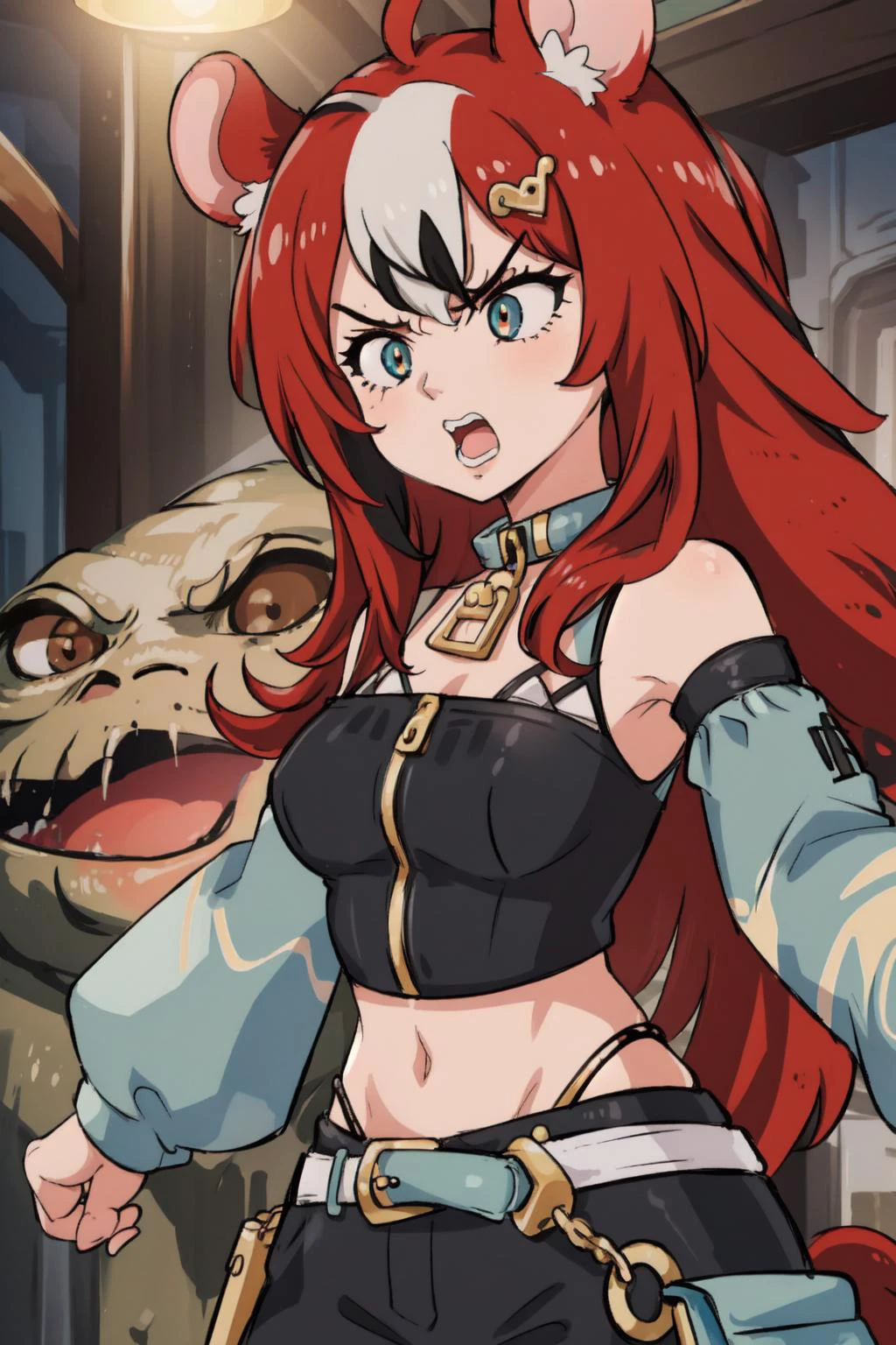 best quality, intricate details,
1girl, <lora:hakosBaelzHololive_v11:0.6>mouse ears, hakosjack,
<lora:neonbeatArtstyleLora_v10:0.8> neonbeat,
<lora:konoDIODAITWASMEDIO_v10IntialRelease:0.8> biwm, pointing_at_self, shouting, angry, <lora:jabbaTheHutt_v45:0.8> jabba,