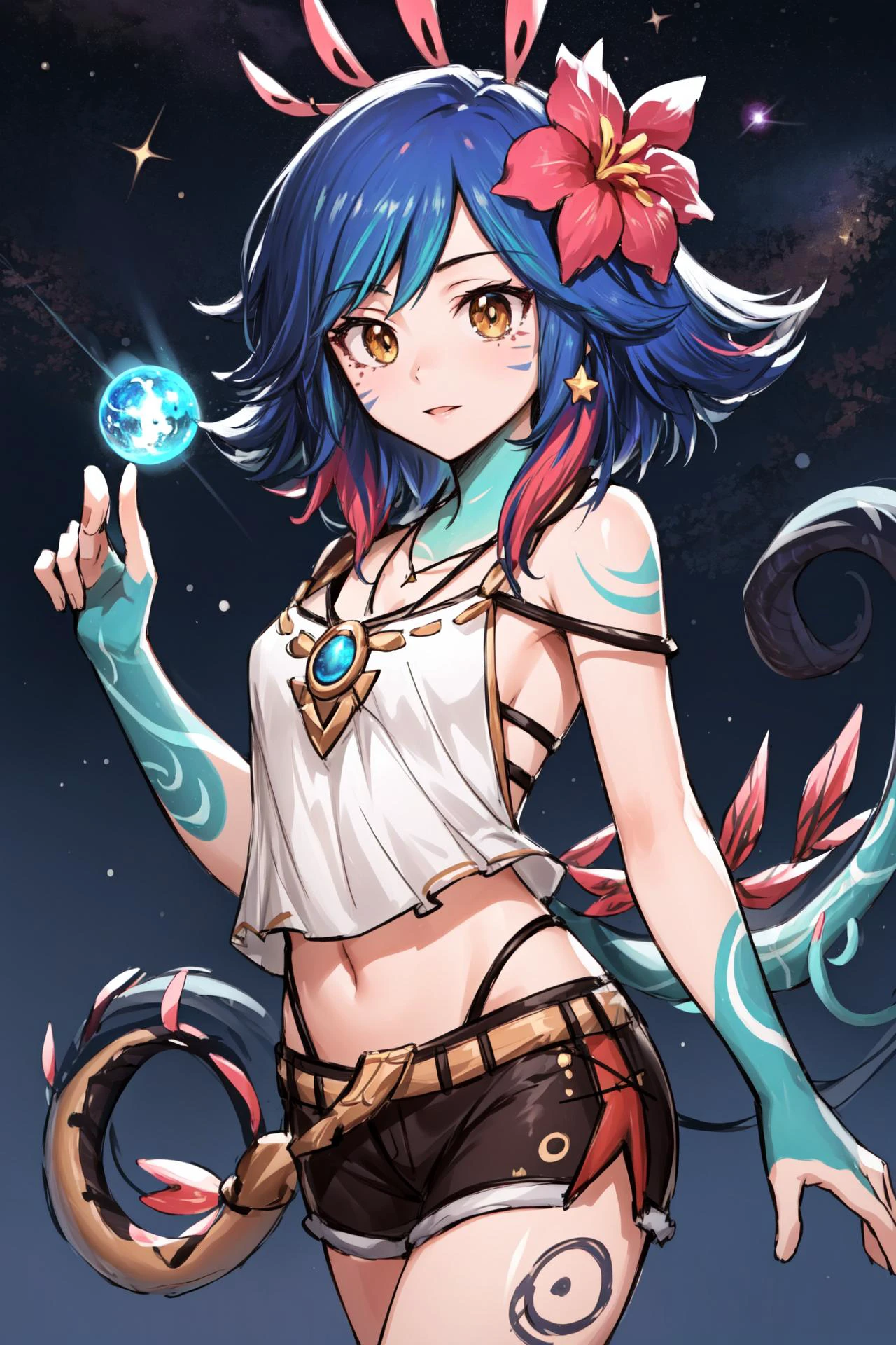 best quality, intricate details,
1girl, <lora:neekoLeagueOfLegends_v1:0.8> neeko, facial marks, hair ornaments, hair flower, necklace, brown shorts, crop top, lizard tail,
nebula background, space, stars, planets, darkness,
<lora:neonbeatArtstyleLora_v10:0.8> neonbeat, veibae,