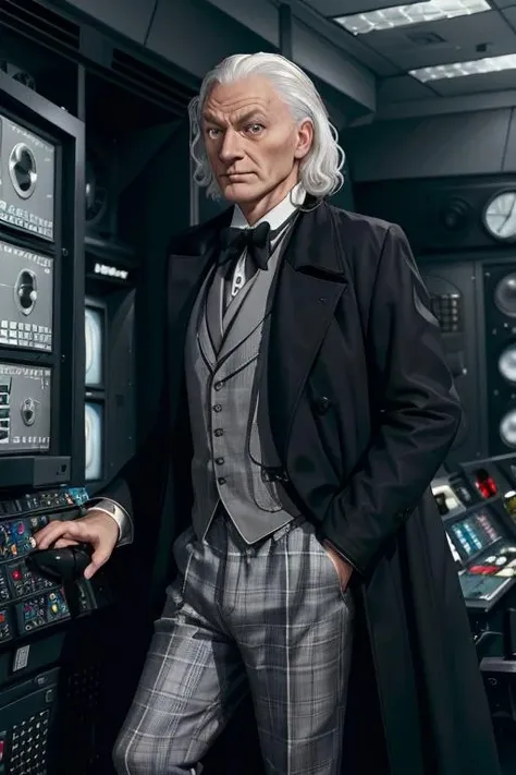 (masterpiece, best quality:1.2), portrait, realistic, <lora:DrWho01:0.7> (whodocfirst:1.2), white hair, black suit, grey hair, male focus, old, old man, formal, wearing (black coat:1.2), (hartnelldoc:1.2), check pants, slacks, plaid slacks, science fiction control room