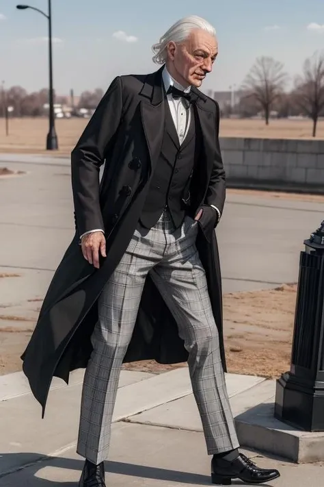 (masterpiece, best quality:1.2), portrait, realistic, <lora:DrWho01:0.7> (whodocfirst:1.2), white hair, black suit, grey hair, male focus, outdoors, old, old man, formal, wearing (black coat:1.2), (hartnelldoc:1.2), check pants, slacks, plaid slacks