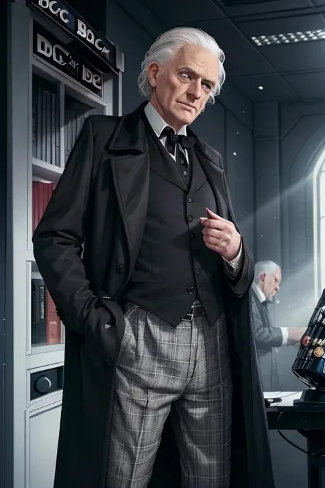 (masterpiece, best quality:1.2), portrait, realistic,  <lora:DrWho01:0.7> (whodocfirst:1.2), white hair, black suit, grey hair,  male focus, old, old man, formal, wearing (black coat:1.2), (hurdnalldoc:1.2), check pants, slacks, plaid slacks, science fiction city planet, black and white