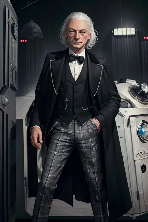 (masterpiece, best quality:1.2), portrait, realistic,  <lora:DrWho01:0.7> (whodocfirst:1.2), white hair, black suit, grey hair,  male focus, old, old man, formal, wearing (black coat:1.2), (hartnelldoc:1.2), check pants, slacks, plaid slacks, science fiction spaceship chair,