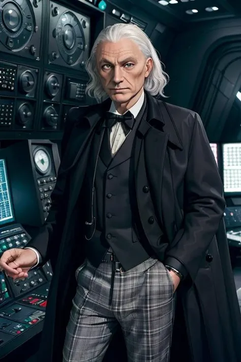 (masterpiece, best quality:1.2), portrait, realistic,  <lora:DrWho01:0.7> (whodocfirst:1.2), white hair, black suit, grey hair,  male focus, old, old man, formal, wearing (black coat:1.2), (hartnelldoc:1.2), check pants, slacks, plaid slacks, science fiction control room
