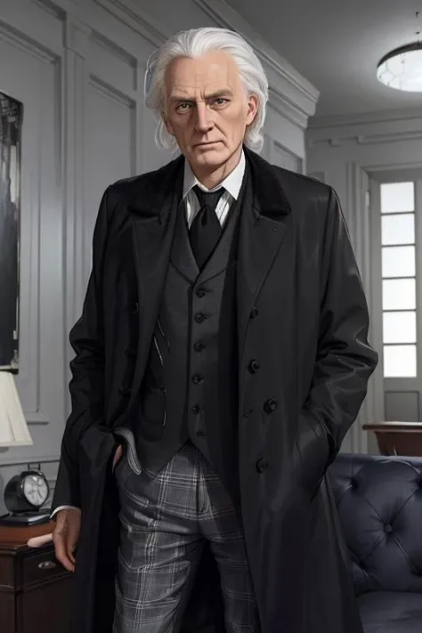 (masterpiece, best quality:1.2), portrait, realistic, <lora:DrWho01:0.7> (whodocfirst:1.2), white hair, black suit, grey hair, male focus, old, old man, formal, wearing (black coat:1.2), (hurdnalldoc:1.2), check pants, slacks, plaid slacks, hiding behind the sofa