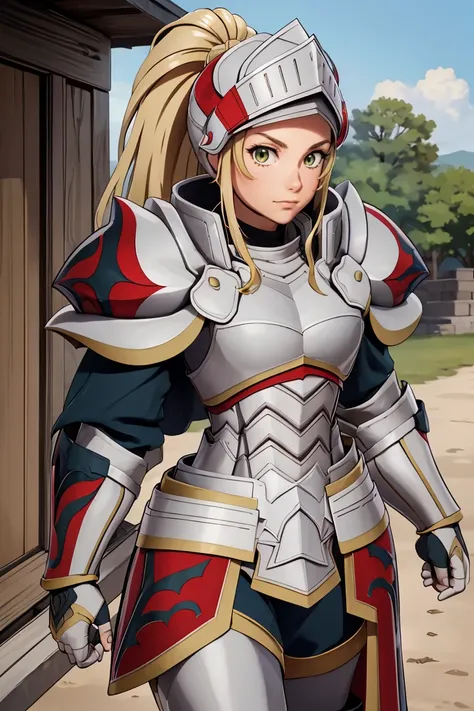 upper body,closed mouth,<lora:jadeV1:0.8>,def_jade,looking at viewer,armor,breastplate,gauntlets,shoulder armor,pauldrons,boots,visor (armor),faulds,plate armor,greaves,outdoors,(masterpiece, best quality, ultra-detailed, best shadow),