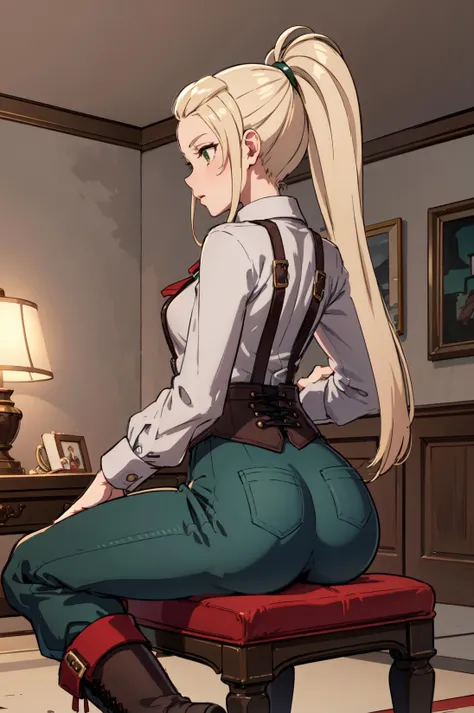 from behind,ass focus,Sitting with hands holding the feet,panty shot,<lora:jadeV1:0.8>,oth_jade,looking back, boots, shirt, long sleeves, suspenders,  ascot,collared shirt,green pants, brooch,indoors,castle, (masterpiece, best quality, ultra-detailed, best shadow)