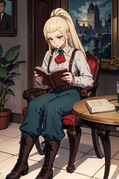 sitting,table,chair,open book, reading a book,<lora:jadeV1:0.8>,oth_jade, boots, shirt, long sleeves, suspenders,  ascot,collared shirt,green pants, brooch,indoors,castle, (masterpiece, best quality, ultra-detailed, best shadow)