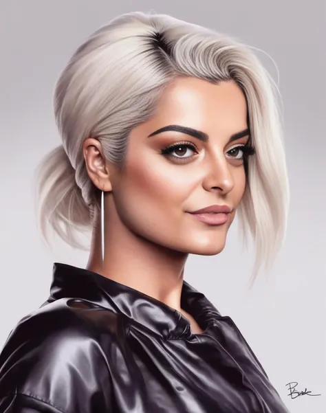 BebeRexha, (art by Kubisi Art:0.7) , (art by Tom McGuinness:0.9) , [portrait,close up of a Scandinavian Girl, Directing a TV show, Masculine Pose, Vile hair styled as Chignon, Hopeful, L USM::8], <lora:BebeRexhaSDXL:1>