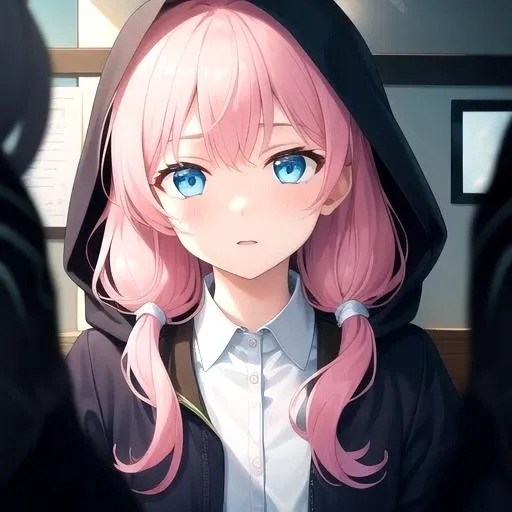 ((masterpiece)),(best quality),official art,extremely detailed CG,unity 8k wallpaper,ultra detailed,perfect lighting,1girl,solo,upper body,(portrait:1.2),hood,pink_hair,white_shirt,blue_eyes,blue_jacket,hooded_jacket,long_sleeves,black_shorts,hood_up,suspenders,looking_at_viewer,low_twintails,black_thighhighs,suspender_shorts,collared_shirt,bangs,open_jacket,black_footwear,long_hair,<lora:Blue Poison(ark)>,