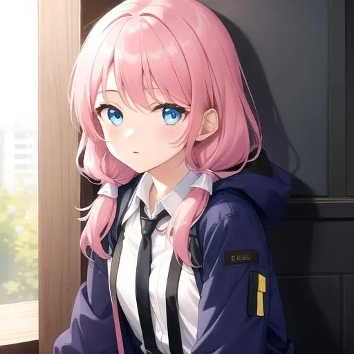 ((masterpiece)),(best quality),official art,extremely detailed CG,unity 8k wallpaper,ultra detailed,perfect lighting,1girl,solo,upper body,(portrait:1.2),hood,pink_hair,white_shirt,blue_eyes,blue_jacket,hooded_jacket,long_sleeves,black_shorts,hood_up,suspenders,looking_at_viewer,low_twintails,black_thighhighs,suspender_shorts,collared_shirt,bangs,open_jacket,black_footwear,long_hair,<lora:Blue Poison(ark)>,