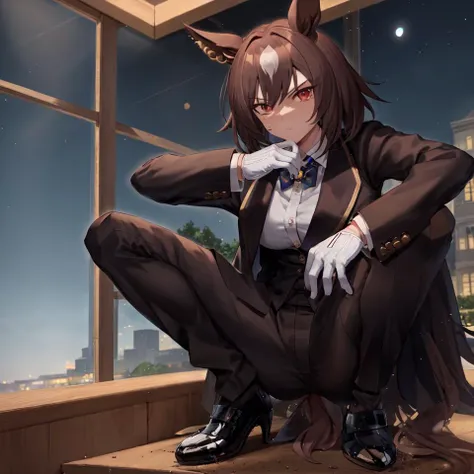 masterpiece, best quality,
srius symboli \(umamusume\),
squatting, night, looking at viewer, 
official alternate costume, formal, tuxedo, blue bowtie, long sleeves, white gloves, butler, black jacket, collared shirt, white shirt, black pants, pant suit, tailcoat, black footwear, high heels, 
<lora:sirus_symboli_loha:0.8>