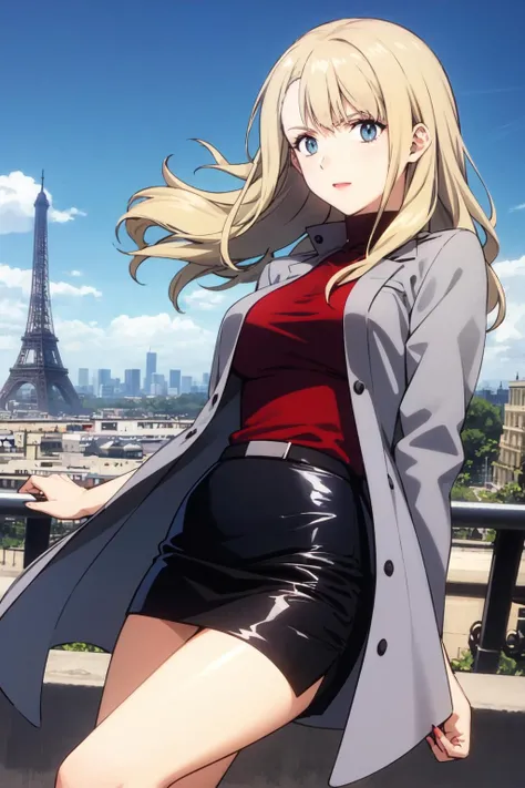 mireibou, 1girl, solo, lipstick, grey coat, red turtleneck, belt, pencil skirt, eiffel tower, sky, floating hair, paris, cityscape, <lora:mireibou_V1-10:0.7> <lora:Envybetterhandslocon_Beta2:1>