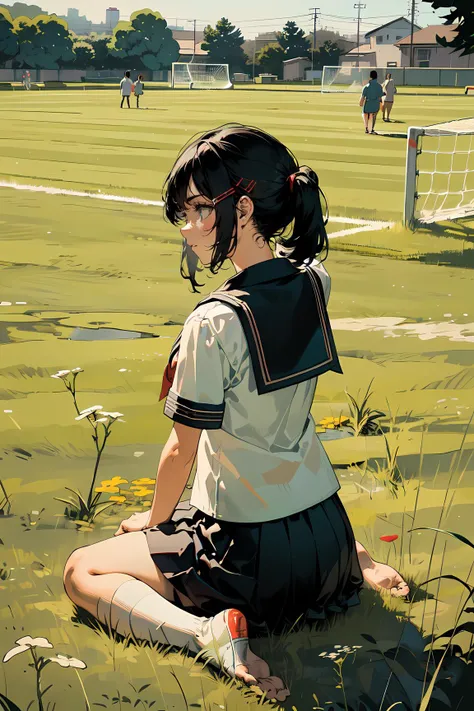 Original Character, Volumetric Lighting, Best Shadows, Shallow Depth of Field, Portrait Of Stunningly Beautiful Girl, Delicate Beautiful Attractive Face With Alluring Eyes, Sharp Eyebrows, <lora:Better light:0.5>, <lora:TGS5:0.85>, tangguo, 1girl,        lovely medium breasts,      [grey eye  grey hair, very long hair, pointy hair,        skirt, hair ornament, school uniform, short sleeves, shirt, serafuku, shirt, hairclip, sailor collar, pleated skirt, skirt BREAK ( grass, Goal post, soccer, daylight, outdoor soccer field, a large soccer field) in the background,   full body, from above,  (facing down:1.2),   armpits, arms behind head, sitting, wariza, (best quality, masterpiece:1.1), (Intricate detailed:1.2)