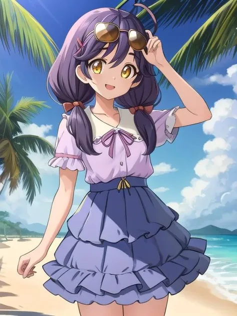 best quality, masterpiece, highres, detailed, perfect anatomy, <lora:Detail - add_detail:0.2>, Sango, purple hair, yellow eyes, low twintails, hair clips, ribbon, purple skirt, purple blouse, <lora:Sango-10:0.8>, outdoors, tropical beach, sunglasses on head, layered skirt, medium hair, happy, ahoge,