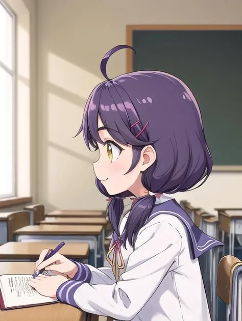best quality, masterpiece, highres, detailed, perfect anatomy, <lora:Detail - add_detail:0.2>, Sango, purple hair, yellow eyes, low twintails, hair clips, ribbon,white shirt, student uniform, school, indoors, <lora:Sango-10:0.8>, medium hair, happy, ahoge, sitting desk, from side, taking notes, serious, concentrating, upper body,