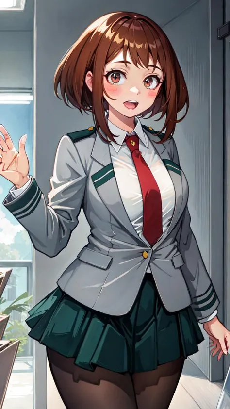 lumen reflections, natural lighting, evocative, triadic color scheme, cowboy shot, elegant, voluptuous:0.6, looking at viewer, 1girl, female, solo, blush, open mouth, smile, teeth, sfw, <lora:Ochaco Uraraka:1>, hmochako, blush stickers, short hair, medium breasts. school uniform, green skirt, pleated skirt, red necktie, black pantyhose, white shirt, long sleeves, grey jacket