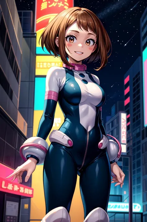(masterpiece, best quality, detailed), 1girl, solo, hmochako, blush stickers, short hair, medium breasts, smile, outdoors, city, night, city lights, neon lights, cowboy shot,
superhero, bodysuit, boots