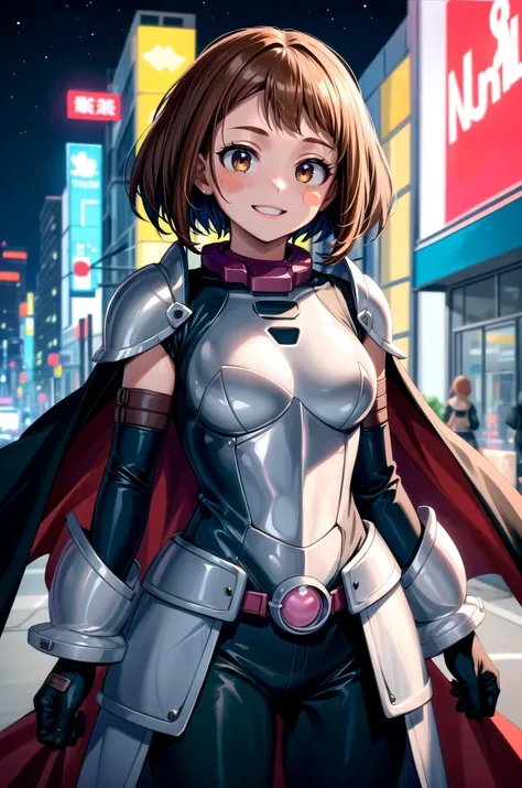 (masterpiece, best quality, detailed), 1girl, solo, hmochako, blush stickers, short hair, medium breasts, smile, outdoors, city, night, city lights, neon lights, cowboy shot,
armor, breastplate, shoulder armor, gloves, armored dress, cape