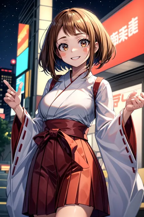 (masterpiece, best quality, detailed), 1girl, solo, hmochako, blush stickers, short hair, medium breasts, smile, outdoors, city, night, city lights, neon lights, cowboy shot,
miko, japanese clothes, red hakama, hakama skirt, wide sleeves, white kimono, ribbon trim
