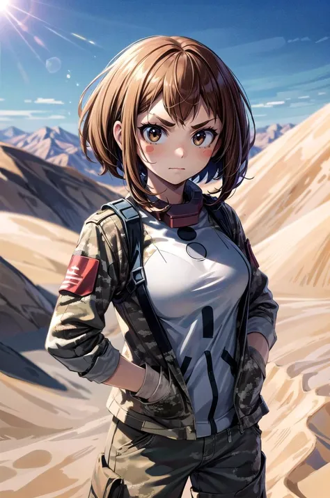 (masterpiece, best quality, detailed), 1girl, solo, looking at viewer,
<lora:uraraka_ochako_v1:0.7>, hmochako, blush stickers, short hair, medium breasts, <lora:camouflage_uniform04:0.5>, wearing camouflage_uniform, desert, sand, dust, sun, hands in pockets, serious, closed mouth, v-shaped eyebrows