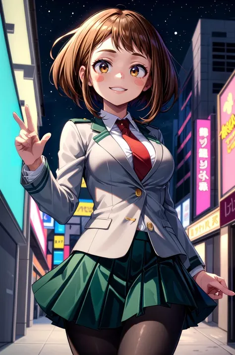 (masterpiece, best quality, detailed), 1girl, solo, hmochako, blush stickers, short hair, medium breasts, smile, outdoors, city, night, city lights, neon lights, cowboy shot,
school uniform, green skirt, pleated skirt, red necktie, black pantyhose, white shirt, long sleeves, grey jacket