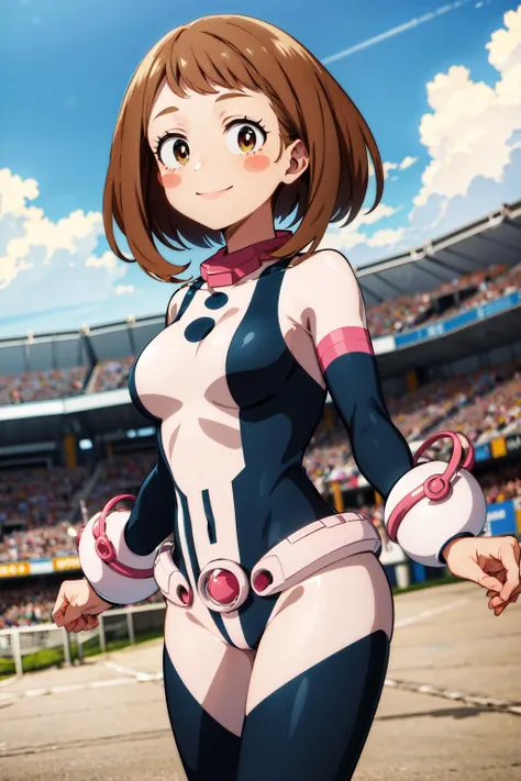 masterpiece, best quality, highres, hmochako, blush stickers, short hair, medium breasts, superhero, bodysuit, <lora:uraraka_ochako_v1:0.8>, cowboy shot, standing, smile,