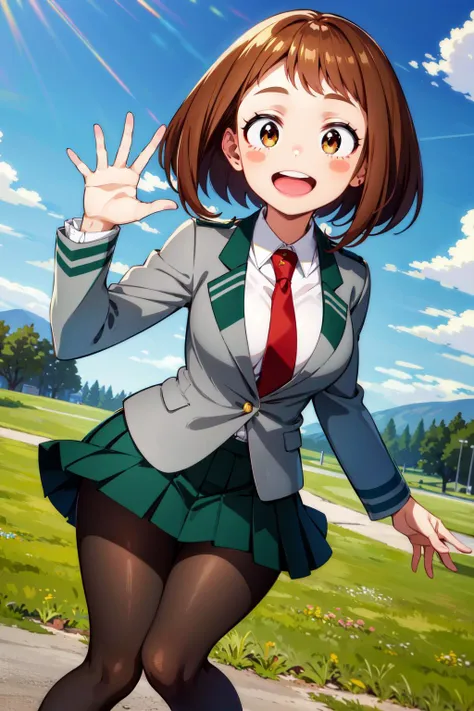 masterpiece, best quality, highres, hmochako, blush stickers, short hair, medium breasts. school uniform, green skirt, pleated skirt, red necktie, black pantyhose, white shirt, long sleeves, grey jacket, <lora:uraraka_ochako_v1:0.8>, waving, smile, open mouth, outdoors