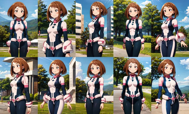 masterpiece, best quality, highres, hmochako, blush stickers, short hair, medium breasts, superhero, bodysuit, <lora:uraraka_ochako_v1:0.8>, cowboy shot, standing, outdoors, smile, straight-on, arms at sides,