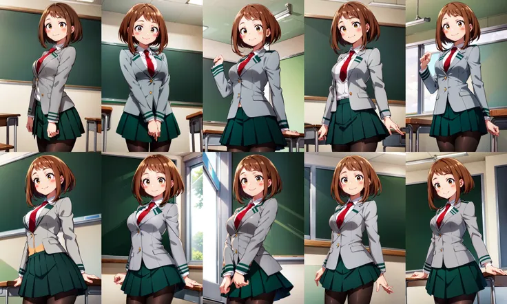 masterpiece, best quality, highres, hmochako, blush stickers, short hair, medium breasts. school uniform, green skirt, pleated skirt, red necktie, black pantyhose, white shirt, long sleeves, grey jacket, <lora:uraraka_ochako_v1:0.8>, cowboy shot, standing, classroom, arms at sides, straight-on, smile