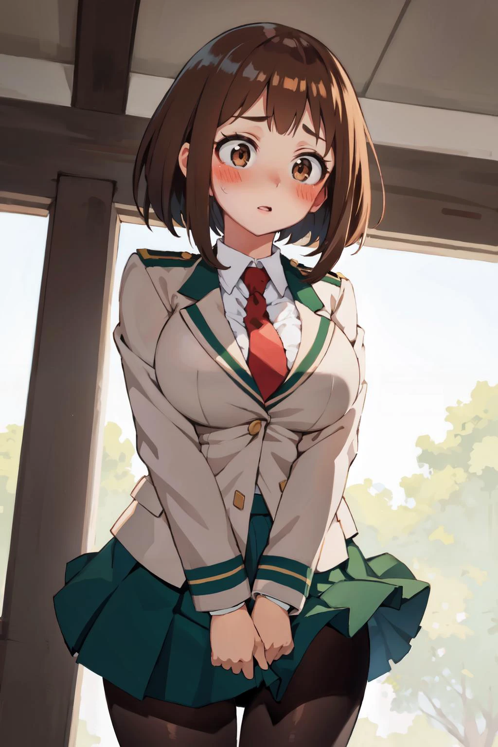masterpiece, best quality, high contrast, professional photography, soft light, sharp focus, 1girl, hmochako, blush stickers, short hair, medium breasts. school uniform, green skirt, pleated skirt, red necktie, black pantyhose, white shirt, long sleeves, grey jacket,<lora:uraraka_ochako_v1:0.6>, beautiful brown eyes, cleavage, big breasts, sweating, blushing, heavy breathing, <lyco:canistermix2.1:0.7>