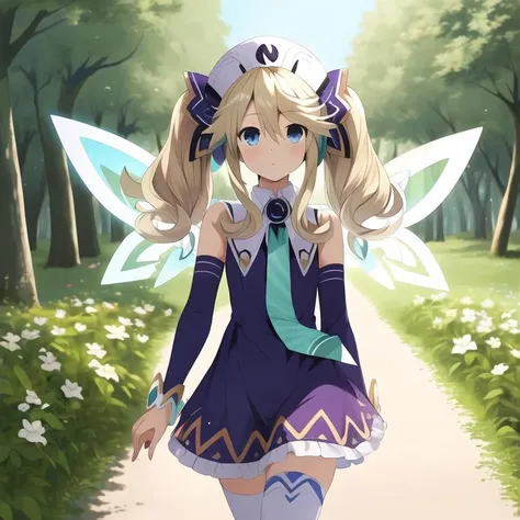 <lora:HistoireNeptuniaSeries-07:0.8>, (extremely detailed:1.1),(highly detailed:1.1),(best quality:1.1),(masterpiece:1.1), HistoireNeptunia, long hair, blue eyes, blonde hair, hair ornament, wings, fairy wings, bare shoulders, twintails, white thighhighs, hat, necktie, purple dress, walking, outdoors,