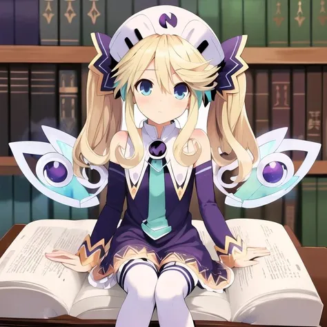 <lora:HistoireNeptuniaSeries-07:1>, (extremely detailed:1.1),(highly detailed:1.1),(best quality:1.1),(masterpiece:1.1), HistoireNeptunia, long hair, blue eyes, blonde hair, hair ornament, wings, fairy wings, bare shoulders, twintails, book, white thighhighs, hat, necktie, purple dress, book