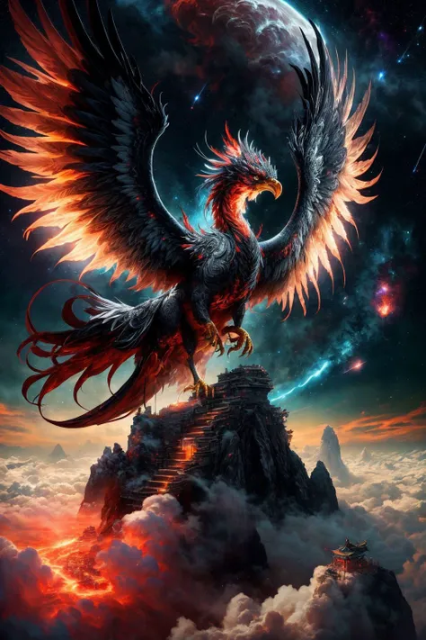 beautiful Chinese phoenix rising into the celestial sky, stars above with clouds below, hyper-detailed, hyperrealistic, digital art, detailed background, epic, cinematic, vibrant colours, divine light, black, white, red, blue, yellow, green, fantastical, dreamy, ethereal,
(photorealistic:1.3), (realistic:1.2), masterpiece, 8K uhd, 8k wallpaper, 64 Megapixel, Unreal Engine 5, <lora:more_details:0.5>, <lora:insanobot:0.5> <lora:VampiricTech:0.4>