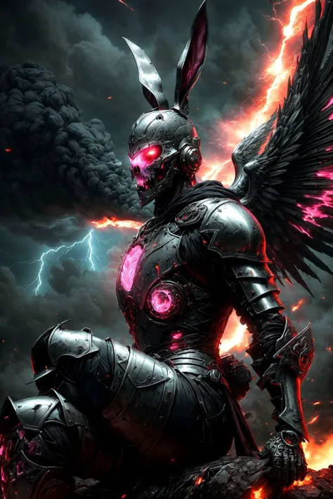undead zombie knight spreading necrotic wings (sitting on a giant pink fantasy bunny:1.2), pale white rotting flesh, evening, sky, fire, flame, embers, lightning strikes, sparks, hyper-detailed, hyperrealistic, digital art, detailed background, epic, cinematic, vibrant saturated colours, eerie fog, grey, dramatic, ghosts, emerald putrid miasma, supernatural,
(photorealistic:1.3), (realistic:1.2), masterpiece, 8K uhd, 8k wallpaper, 64 Megapixel, Unreal Engine 5, <lora:more_details:0.5>, <lora:insanobot:0.8> <lora:VampiricTech:0.3>