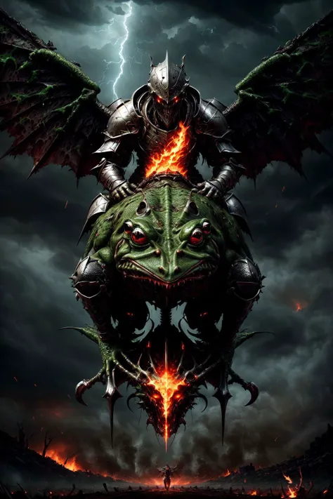 undead zombie knight spreading necrotic wings, (riding a fantasy frog:1.2), pale white rotting flesh, evening, sky, fire, flame, embers, lightning strikes, sparks, hyper-detailed, hyperrealistic, digital art, detailed background, epic, cinematic, vibrant saturated colours, eerie fog, grey, dramatic, ghosts, emerald putrid miasma, supernatural,
(photorealistic:1.3), (realistic:1.2), masterpiece, 8K uhd, 8k wallpaper, 64 Megapixel, Unreal Engine 5, <lora:more_details:0.5>, <lora:insanobot:0.5> <lora:VampiricTech:0.6>