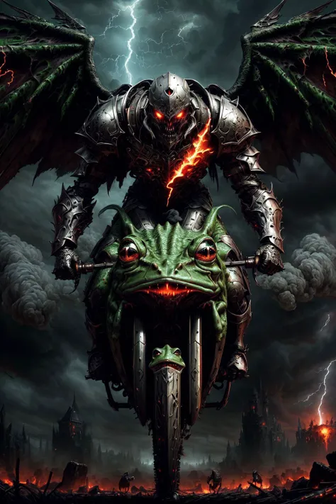 undead zombie knight spreading necrotic wings, (riding a fantasy frog:1.2), pale white rotting flesh, evening, sky, fire, flame, embers, lightning strikes, sparks, hyper-detailed, hyperrealistic, digital art, detailed background, epic, cinematic, vibrant saturated colours, eerie fog, grey, dramatic, ghosts, emerald putrid miasma, supernatural,
(photorealistic:1.3), (realistic:1.2), masterpiece, 8K uhd, 8k wallpaper, 64 Megapixel, Unreal Engine 5, <lora:more_details:0.5>, <lora:insanobot:0.5> <lora:VampiricTech:0.6>