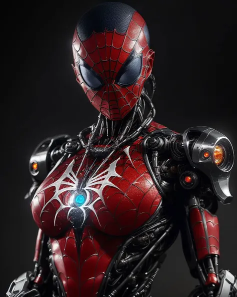 a photograph of 1girl in a black spider man costume 2099, biomechanical, complex robot, full body, hyper realistic, insane fine details, Extremely sharp lines, cyberpunk aesthetic, a masterpiece, featured on zbrush central <lora:insanobot:1>