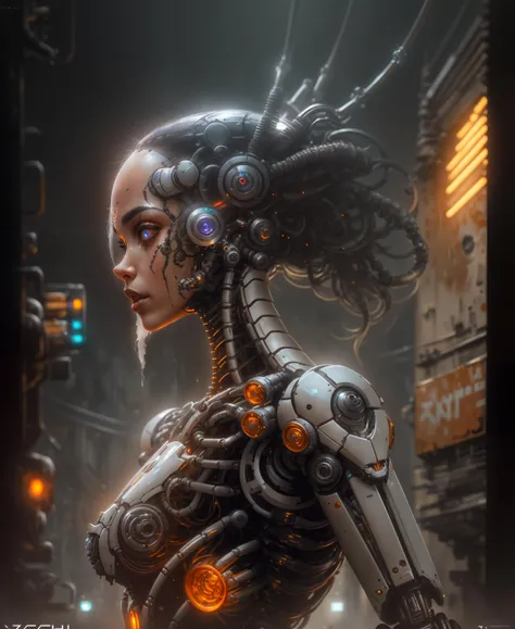 a painting of a beautiful woman, biomechanical,  (complex robot:1.2), hyper realistic, hyper detailed, (insane fine details:1.2), Extremely sharp lines, cyberpunk aesthetic, a masterpiece, featured on zbrush central    <lora:insanobot2:1>