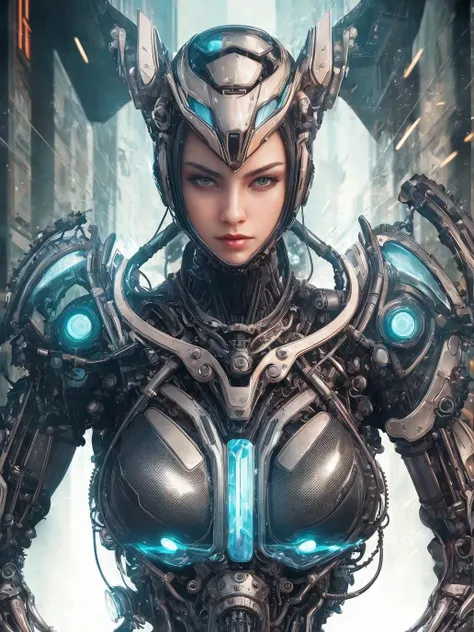 masterpiece, best quality, glamour shot from front of a beautiful woman, biomechanical, (robot:0.5), hyper realistic, hyper detailed, sharp lines, cyberpunk aesthetic, transparent armor, glass, dynamic pose, <lora:insanobot:0.3>