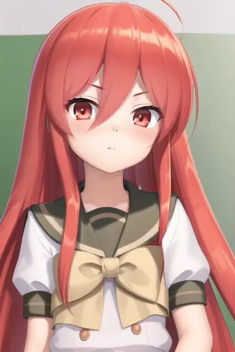 masterpiece, best quality,extremely detailed CG unity 8k wallpaper,
1girl,shana,red hair,red eyes,short sleeves school uniform,cool,ahoge,
(portrait:1.2),close-up,
white back ground,simple background,
<lora:shana:0.95>